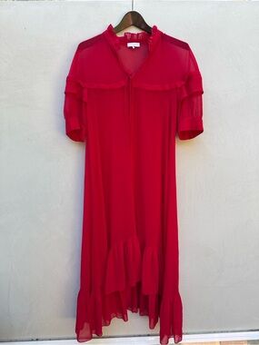 Sandro Paris Joy Rouge Écarlat Ruffled Midi Dress Red Sheer Romantic 38- US 6